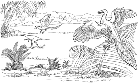 Archaeopteryx And Compsognathus Coloring Page